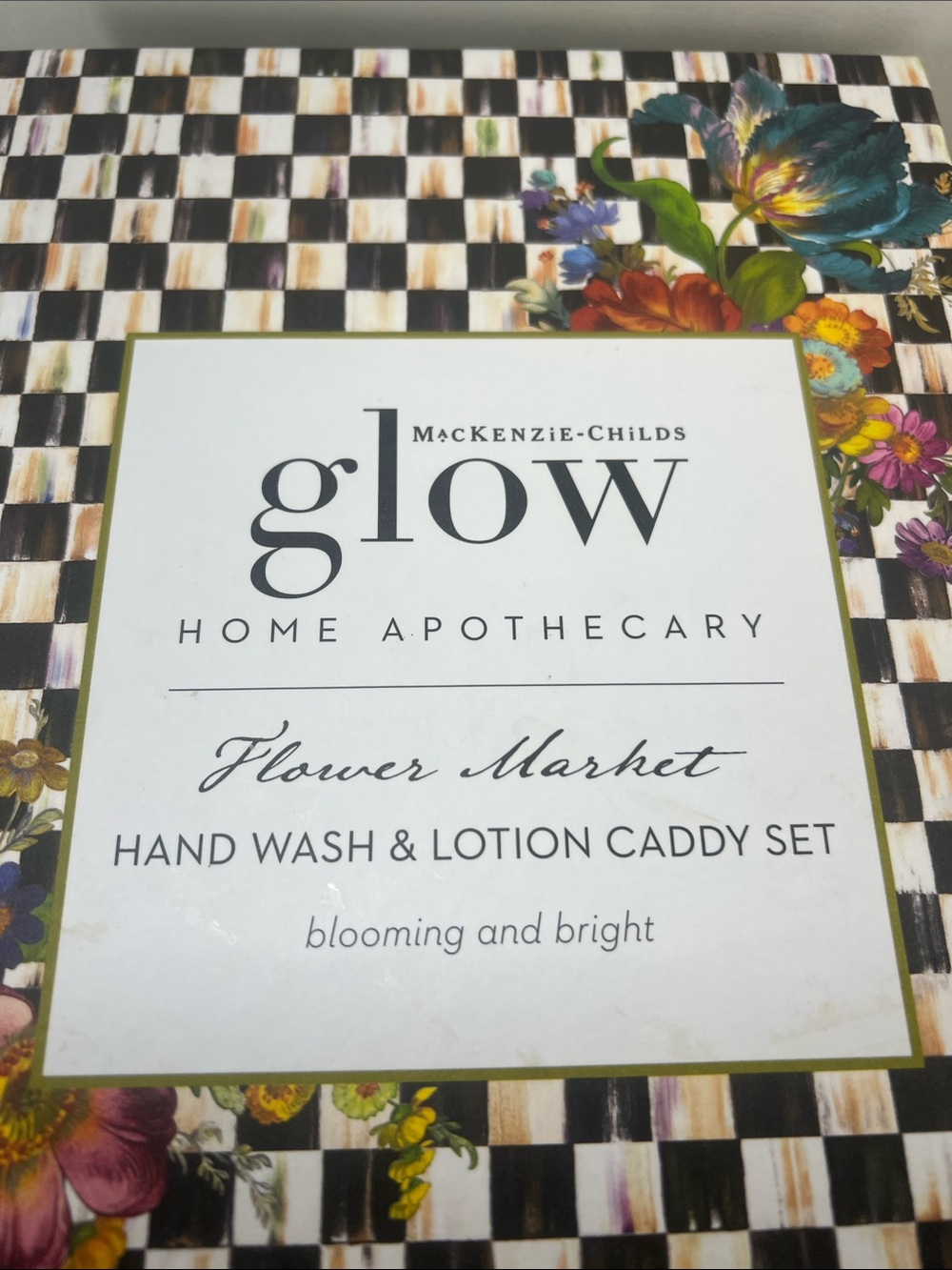 MacKenzie-Childs Multi Floral & Black-White Check Glow Flower Market Caddy Set